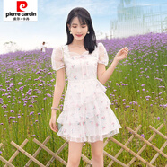 皮爾卡丹（pierre cardin）甜美淑女網(wǎng)紗繡花連衣裙女神夏季新品修身刺繡蛋糕裙短裙子 白粉花 M 建議85-95斤