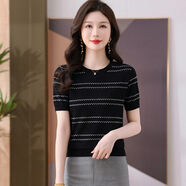 歌米拉（Gemila）冰絲短袖T恤女2025年夏季新款時(shí)尚圓領(lǐng)條紋提花薄針織上衣女士 黑色 XL 【建議 120-130斤】