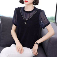 皮爾卡丹（pierre cardin）中年媽媽裝氣質(zhì)減齡短袖蕾絲衫女夏裝新款韓版寬松遮肚子上衣小衫 1819# 藍色短/袖今年流行的輕奢 M 建議85-105斤