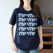 PHJ短袖t恤女夏季新款寬松圓領(lǐng)印花半袖體恤韓版顯瘦上衣打底衫 寶藍(lán)色 M