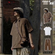 威登羊日系復(fù)古工裝短袖t恤男士春夏季寬松休閑套裝男生潮牌衣服男裝 棕色短袖+白短T+咖色褲子【三件 M