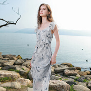 三彩2025夏季新款荷葉邊連衣裙法式收腰A字裙魚(yú)尾長(cháng)裙浪漫M 寂靜灰花卉 S 155/80A