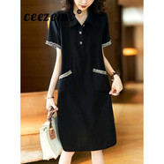 ceezemc香港潮牌直筒雪紡連衣裙女 2025夏季新款休閑寬松輕薄大碼POLO裙 暗夜黑色 2XL 【135-150斤】