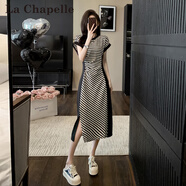 拉夏貝爾（La Chapelle）短袖雪紡連衣裙女裝2025年夏季新款時(shí)尚中長(zhǎng)款法式小個(gè)子夏天裙子 黑條紋 S