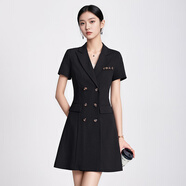 特洛曼雙排扣短袖西裝連衣裙女夏季修身顯瘦OL氣質(zhì)時尚休閑裙子黑色