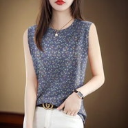詩(shī)婭達2025夏裝新款背心t恤女內搭打底衫無(wú)袖印花吊帶上衣媽媽裝 藍碎花（背心） 4XL 建議140-160斤