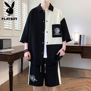 花花公子（PLAYBOY ESTABLISHED 1953）新中式短袖襯衫套裝男士夏季2025新款寬松休閑襯衣兩件套 24321黑色 XL  130-145斤