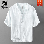 花花公子（PLAYBOY）純亞麻短袖t恤男夏季中國風(fēng)寬松薄款V領(lǐng)上衣復古休閑半袖麻料體恤 白色高質(zhì)量 M