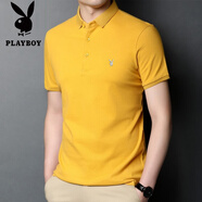 花花公子（PLAYBOY）高端100%純棉短袖t恤男士2025夏季新款爸爸裝全棉純色半袖POLO衫 黃色 XL 175(適合體重130-150斤)
