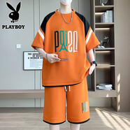 花花公子（PLAYBOY ESTABLISHED 1953）短袖t恤套裝男士夏季2025新款寬松青少年休閑運(yùn)動(dòng)兩件套 TZ8903桔色 M