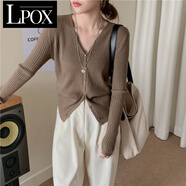 LPOXV領(lǐng)開衫外套針織衫女春秋薄款休閑外穿長袖上衣秋季韓版外搭溫柔 咖啡色 M 建議90-斤