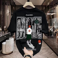京濮飛EXLUX潮牌棉短袖T恤男夏季美式修身百搭男士 BK82黑色 3XL 【建議160-175斤】