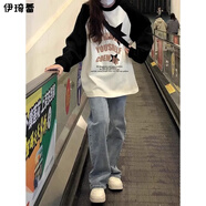 伊琦蕾（YIQILEI）美式復古拼接插肩長袖T恤女秋季oversize設計小眾黑白撞色薄衛(wèi)衣 黑拼白色 S