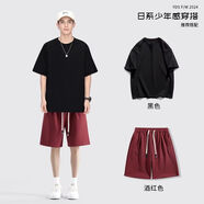 姿偉祺夏季日系簡(jiǎn)約短袖恤男套裝青少年休閑百搭潮流短褲運(yùn)動(dòng)兩件套 黑色上衣+酒紅色短褲 M