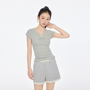 A21女裝針織休閑簡(jiǎn)約V領(lǐng)套頭短袖T恤夏季新款設計感小眾上衣 淺花灰 L