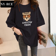 NY-RCE T恤女寬松大bf風(fēng)夏季韓版ins個(gè)性字母中長(zhǎng)款下衣失蹤上衣 黑色(眼睛豹子款) M