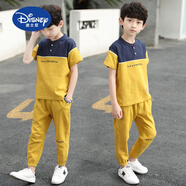 迪士尼（Disney）兒童服裝男童夏款棉套裝2025韓版短袖新款小孩夏天衣服男孩運(yùn)動(dòng)潮 帥氣黃兩件套裝 130 (高130CM重50斤左右) 130碼