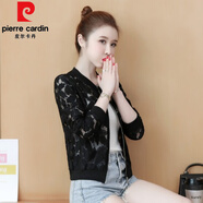 皮爾卡丹（pierre cardin）小個子繡花蕾絲防曬衣女夏季2025新款休閑百搭薄款夾克女士短外套 黑色 UPF50+ S
