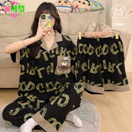 淘可夢(mèng)帶胸墊一體睡衣女款夏季露比可愛(ài)短袖三件套黑色大碼家居服春秋天 蠟筆小新三件套【短袖+短褲+長(cháng)褲 2XL 女(建議身高170-178cm，體