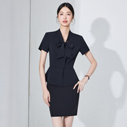 安依蓮米白色短袖職業(yè)套裝女小西裝正裝2025夏季薄款蝴蝶結西服兩件套 深藍色西裝+短裙 M