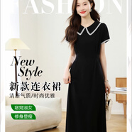 2025夏季新款氣質(zhì)娃娃領(lǐng)黑色連衣裙女法式收腰顯瘦高級感復(fù)古長裙 L