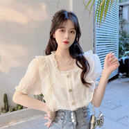 柏潮法式甜美溫柔超仙荷葉邊方領(lǐng)泡泡袖襯衫女夏季新款小個(gè)子薄款上衣 白色 后面微透 S 80一90斤