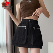 皮爾卡丹（pierre cardin）特大碼復古工裝短裙褲女夏抽繩高腰口袋拉鏈松緊腰包臀半身裙 Y4781【黑色】 面料 L 建議100-115斤