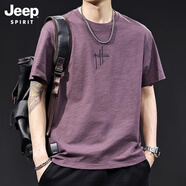 JEEP SPIRIT高端美式復古短袖t恤男純棉2025新款寬松大碼休閑百搭體恤男上衣 醬紫色 2XL 合適160-180斤