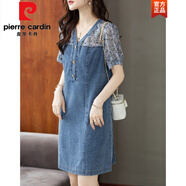 皮爾卡丹（pierre cardin）大碼v領(lǐng)碎花雪紡拼接牛仔連衣裙女夏季寬松胖mm遮肚藏肉休閑裙子 藍色 2XL 【建議130-145斤】