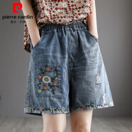 皮爾卡丹薄款2025年新款復古破洞高腰牛仔短褲女士貼布刺繡大碼寬松闊腳褲 917#薄款【太陽(yáng)花】 S 85-95斤