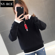 NY-RCE冬季新款假兩件刺繡毛衣女上衣韓版寬松套頭針織打底衫女 黑色 S
