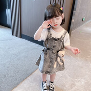 榮西圖（RONGXITU）新款女童牛仔背帶裙夏裝洋氣吊帶裙子寶寶衣服中小童顯瘦 鉛色背帶裙 +小熊 90 建議身高78-85厘米