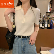 紅蜻蜓搭外套必備春秋新款polo領(lǐng)小衫高級短袖T恤女針織打底衫上衣 白色 均碼 【建議80-130斤】