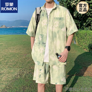 羅蒙沙灘短袖花襯衫男速干冰絲海邊度假大碼套裝三亞風(fēng)穿搭夏威夷襯衣 TZ086沙灘套裝淺綠 XL 125-138斤