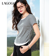 LAGOGO撞色假兩件T恤女拉谷谷2025夏新款抽繩收腰顯瘦設計感上衣 灰白 M