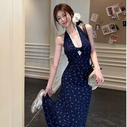 貞喜氣法式蕾絲掛脖V領(lǐng)碎花連衣裙女2025夏季新款收腰設(shè)計(jì)感度假長裙子 藍(lán)色 L