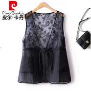 皮爾卡丹（pierre cardin）歐洲站蕾絲復古馬甲背心+短袖字母印花上衣兩件套女T恤夏季薄款 蕾絲馬甲 S 95斤以下