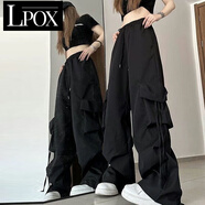 LPOX休閑褲女新款工裝褲女夏季高腰直筒闊腿辣妹寬松休閑款女士休閑褲 黑色 (高級(jí)面料) XL 建議118-130斤左右