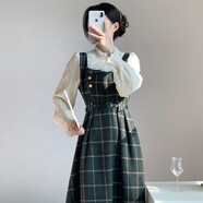 現(xiàn)寶蓮感蕾絲拼接格子連衣裙女復(fù)古氣質(zhì)大衣內(nèi)搭假兩件毛呢裙 墨綠色 S