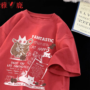 雅鹿重磅美式純棉圓領(lǐng)印花短袖t恤男夏季潮牌寬松男生五分袖半袖上衣 TA320酒紅色【高品質(zhì)19】 XL 120-140斤
