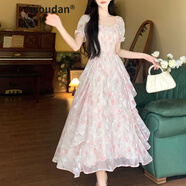 艾柔丹夏天法式碎花連衣裙女裝夏裝收腰顯瘦仙女長裙子女夏季2025新款 粉色 L