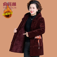 俞兆林（YUZHAOLIN）媽媽冬裝棉衣中長(zhǎng)款加絨加厚外套中老年女冬季唐裝棉服燈芯絨棉襖 2389-酒紅色 XL (參考90-105斤)