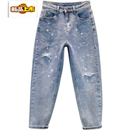 初徑2025新款燙鉆破洞牛仔褲女潮夏季裝高腰顯瘦寬松哈倫垮垮褲 淺藍色 淺藍色1466# S 80-93斤