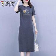 啄木鳥(niǎo)棉休閑連衣裙女2025夏季新款高端時(shí)尚短袖印花T恤女裙過(guò)膝長(cháng)裙 灰色(美女米奇) 3XL 130斤-140斤