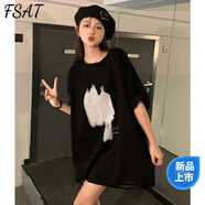 FSAT特大碼胖mm2-300斤破洞t恤女寬松bf風(fēng)中長(cháng)款短袖體恤上衣潮ins夏 黑色 商場(chǎng)同款 M 建議80-100斤 商場(chǎng)同款