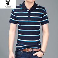 花花公子夏季男士短袖t恤純·棉翻領(lǐng)半袖polo·衫中年有口袋男條紋上衣 F01 XL (130-150斤)
