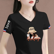 琳翰妮純棉短袖t恤女2025夏季新款v領(lǐng)T恤女正肩百搭拼接顯瘦體恤衫上衣 黑色花帽女人【純棉.】 XL 【建議110-125斤】