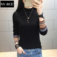 NY-RCE半高領(lǐng)加絨毛衣打底衫女新款秋冬女士加厚保暖修身內(nèi)搭針織衫 不加絨黑色(彩色袖) S
