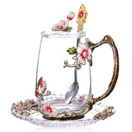 Luxury Flowers琺瑯彩水晶玻璃杯新款女士高顏值家用花茶杯子高檔辦公室精致水杯 高杯+勺+蓋+盤-簡(jiǎn)裝