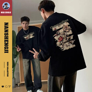 楠笙記美式純棉黑色玫瑰衛衣抗皺長(cháng)袖t恤男潮牌寬松內搭上衣打底衫春秋 黑色 M